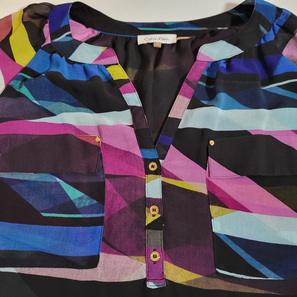 Calvin Klein Womens Blouse Top Size 1X 3/4 Sleeve V-Neck Geometric Lined 1654 - Picture 4 of 8